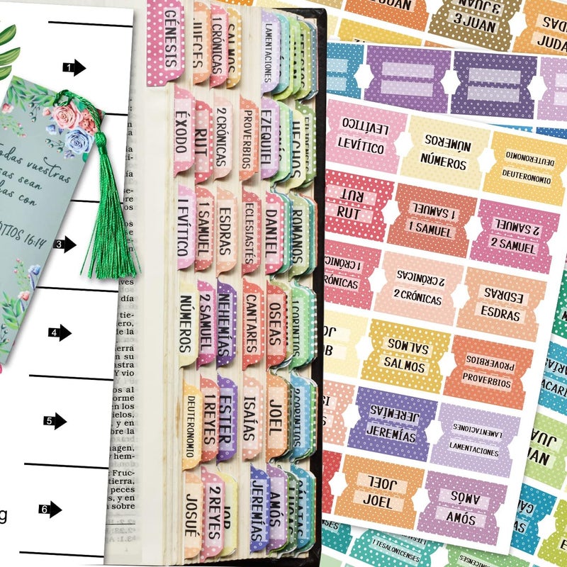 Cualfec Spanish Catholic Bible Index Tabs New & Old Testament Tabs Matte Laminated Floral Design, Bible Journaling Supplies - 122 Pcs (Polka Dots) - Image 1